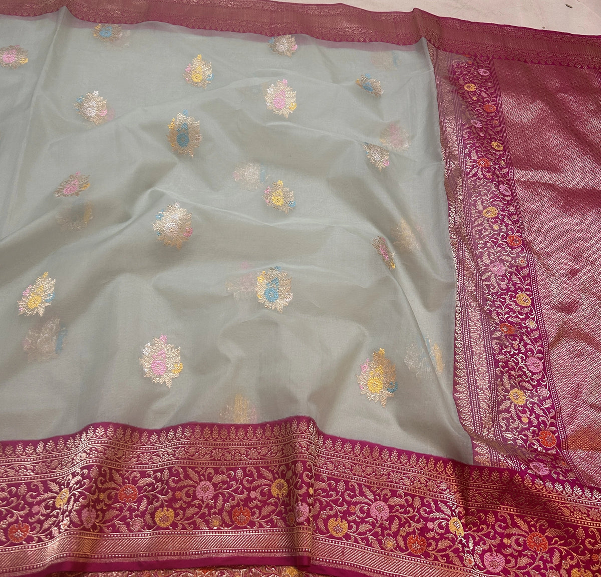 Rani Pink Floral Buta Pure Kora Silk Banarasi Saree