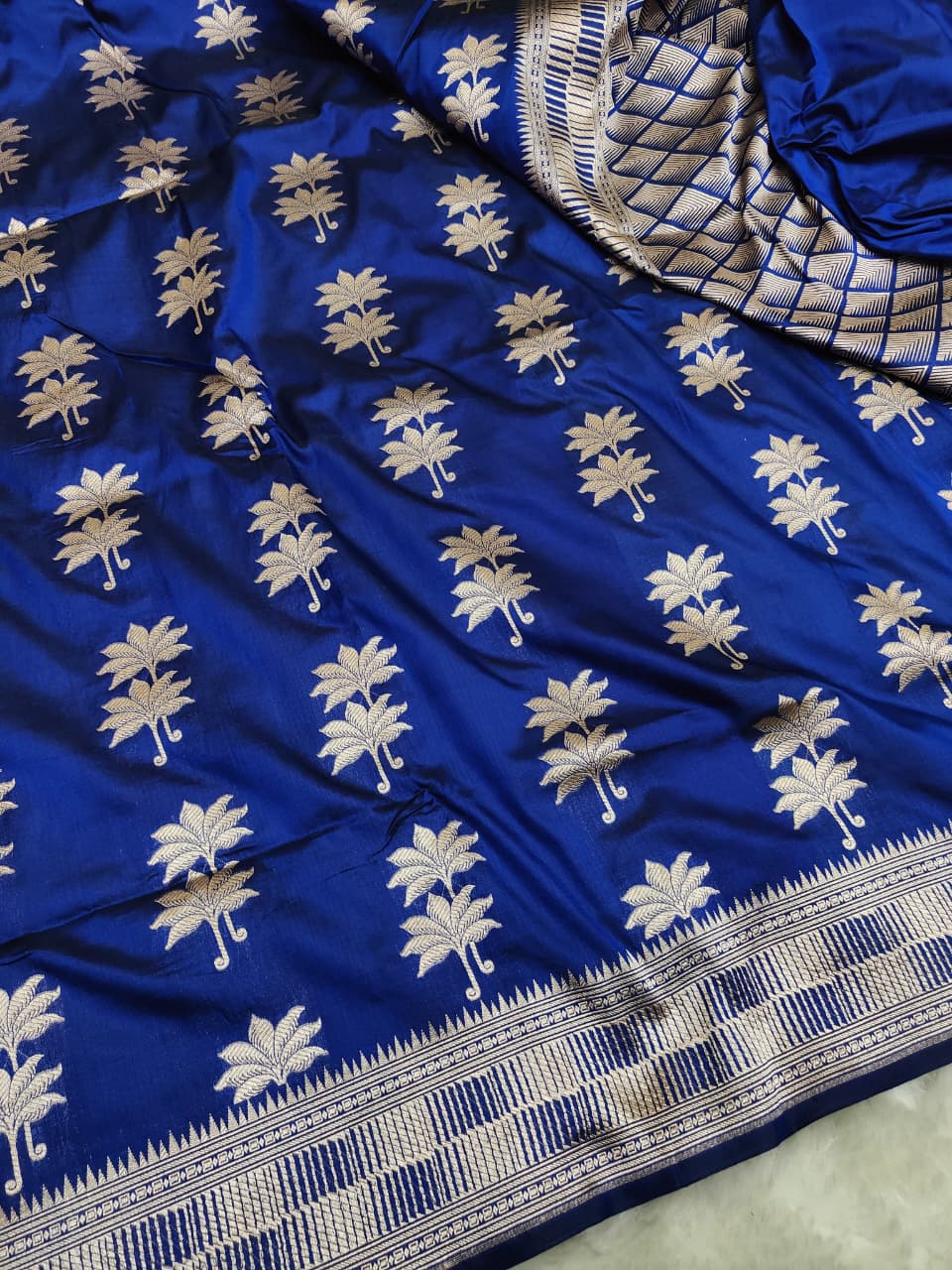 Royal Blue Uppada Buta Pure Katan Silk Banarasi Handwoven Saree — Gold Zari Tree Motifs