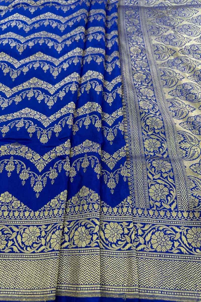 Royal Blue Pure Katan Silk Jaalwork Banarasi Saree Handloom Handwoven Festive - Katan Banaras