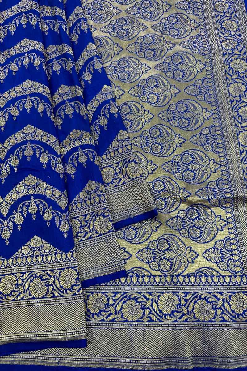 Royal Blue Pure Katan Silk Jaalwork Banarasi Saree Handloom Handwoven Festive - Katan Banaras