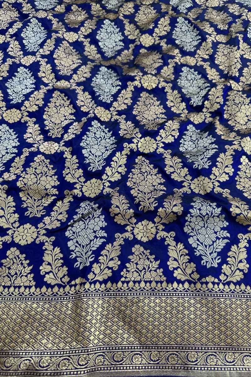 Royal Blue Pure Katan Silk Banarasi Saree Real Gold Silver Sona Rupa Zari - Katan Banaras