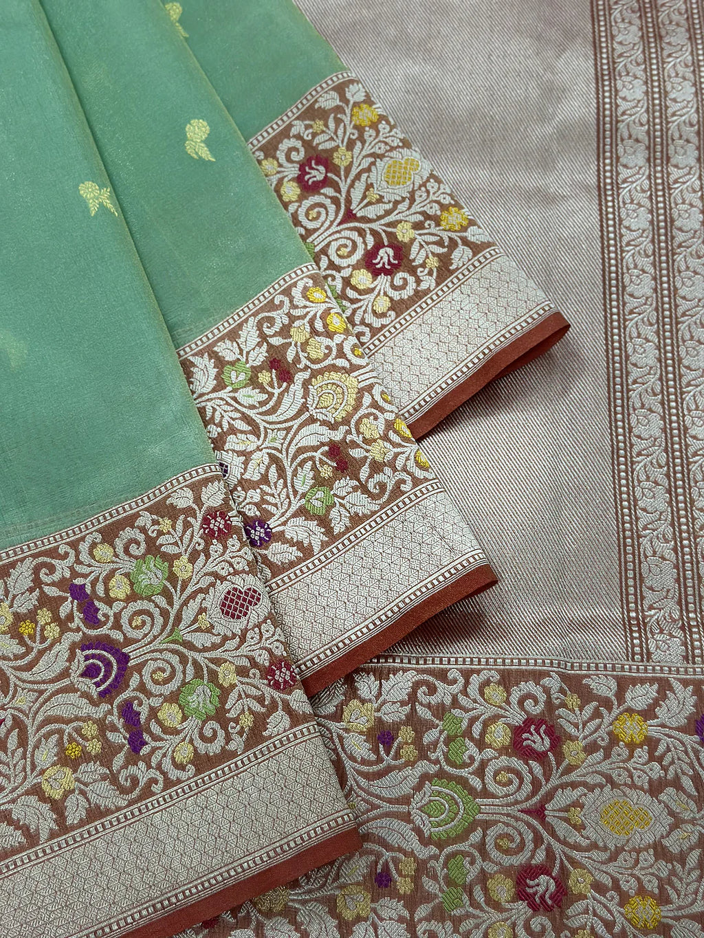 Sea Green Pure Kora Tissue Silk Banarasi Saree with Kadhwa Ektara Meenakari Border