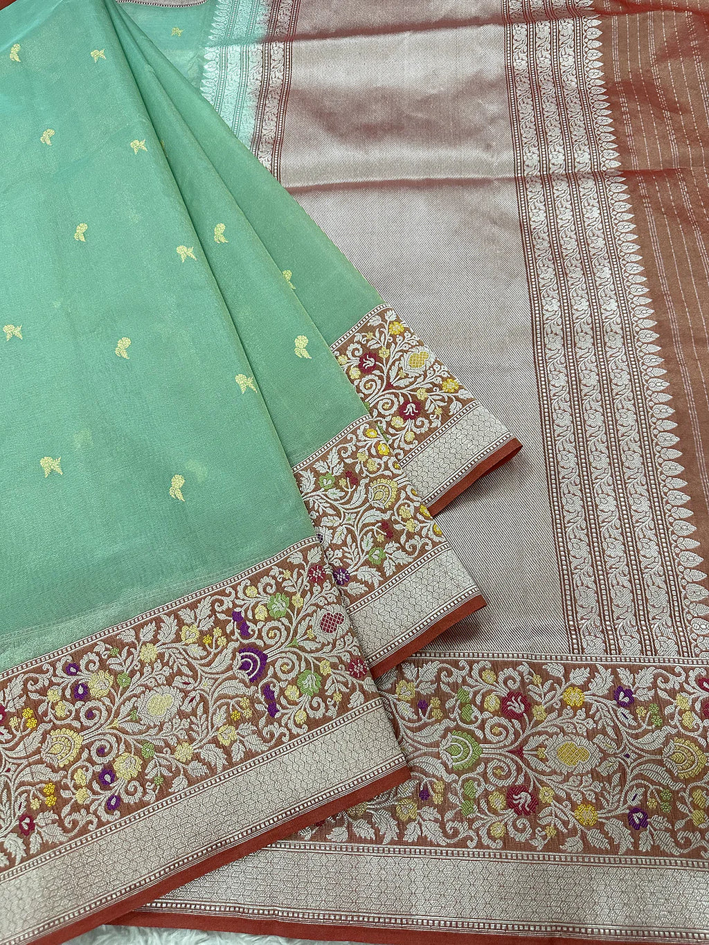 Sea Green Pure Kora Tissue Silk Banarasi Saree with Kadhwa Ektara Meenakari Border