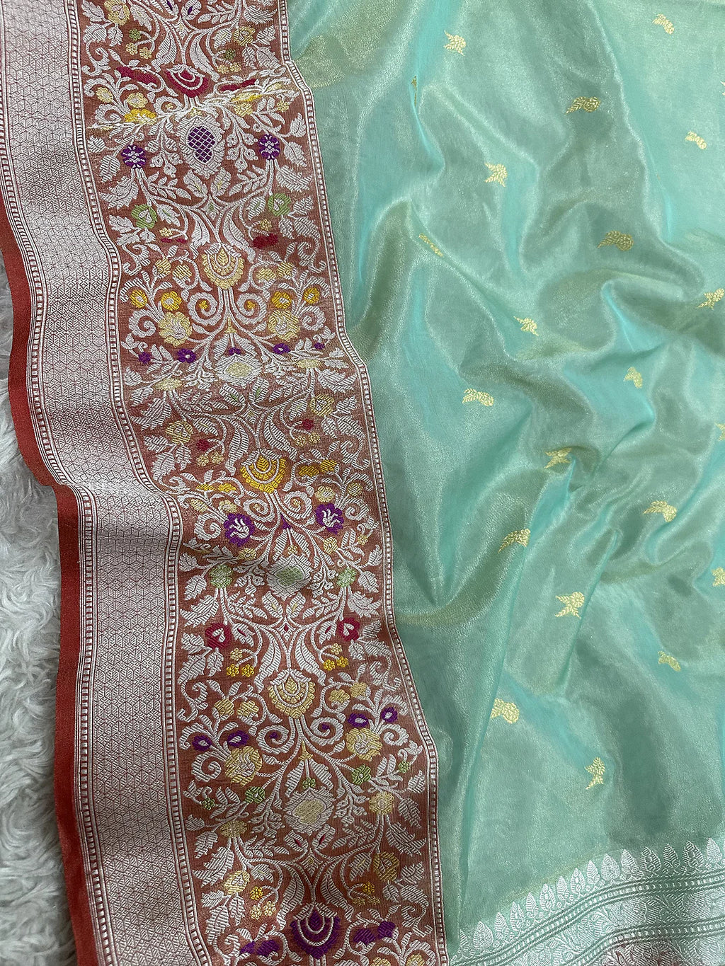 Sea Green Pure Kora Tissue Silk Banarasi Saree with Kadhwa Ektara Meenakari Border