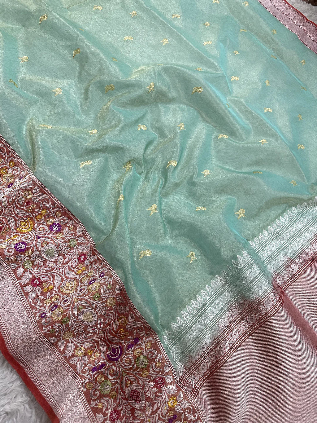 Sea Green Pure Kora Tissue Silk Banarasi Saree with Kadhwa Ektara Meenakari Border