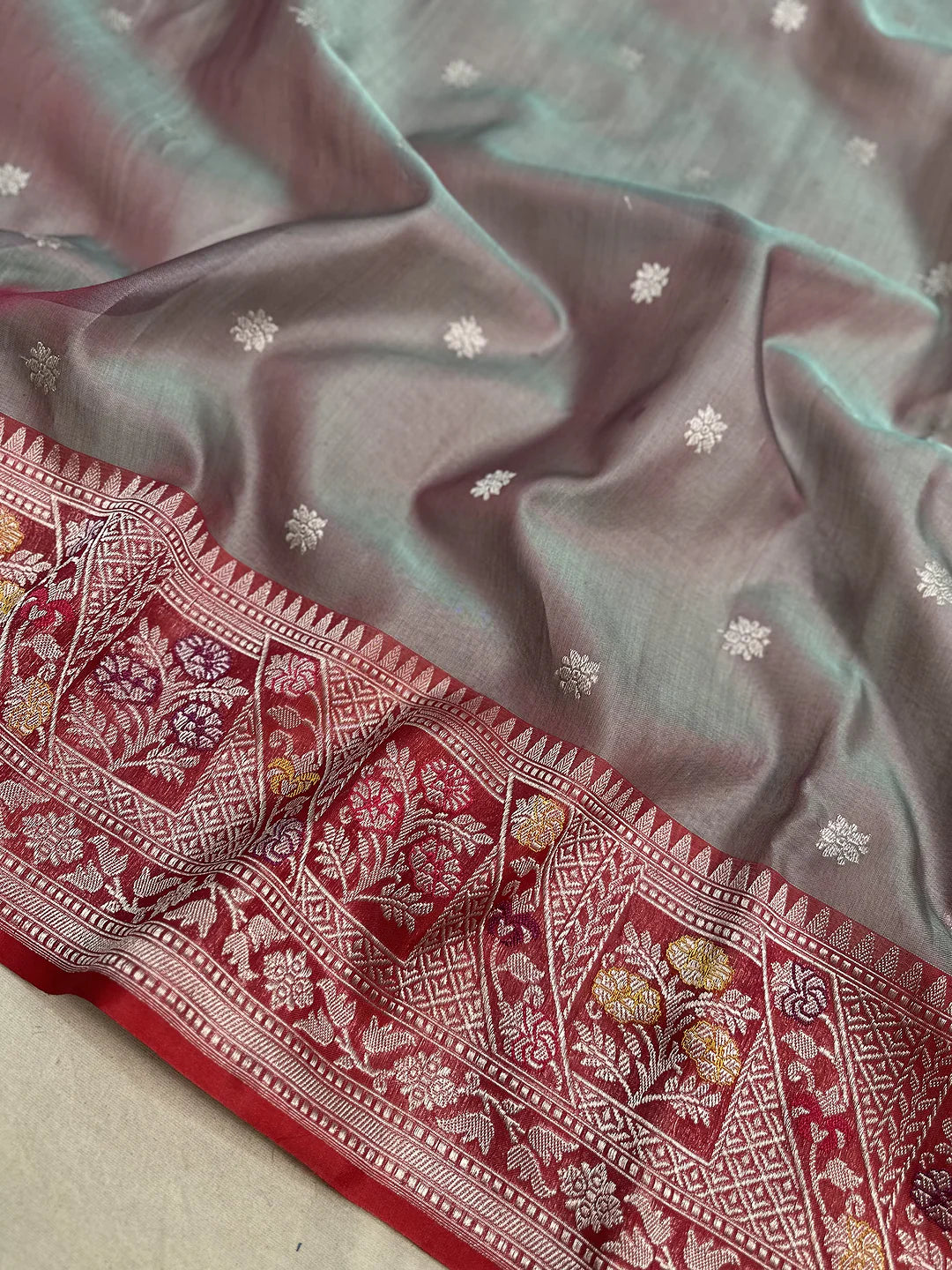 Steel Grey Pure Kora Silk Kadhwa Buta Handloom Banarasi Saree with Zari Border