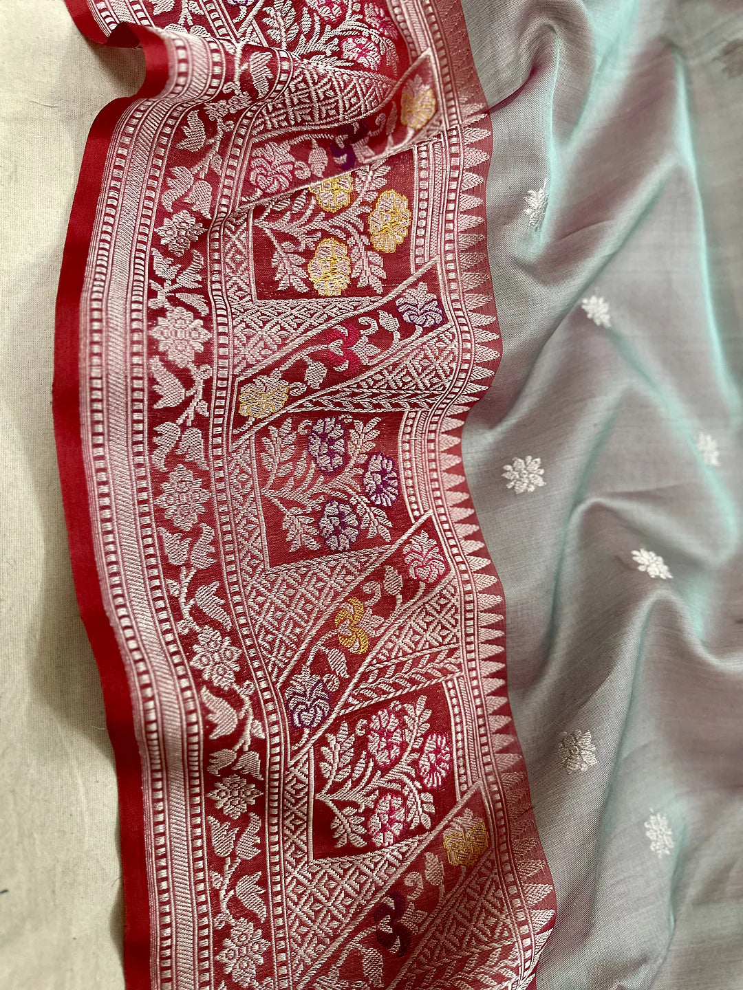 Steel Grey Pure Kora Silk Kadhwa Buta Handloom Banarasi Saree with Zari Border