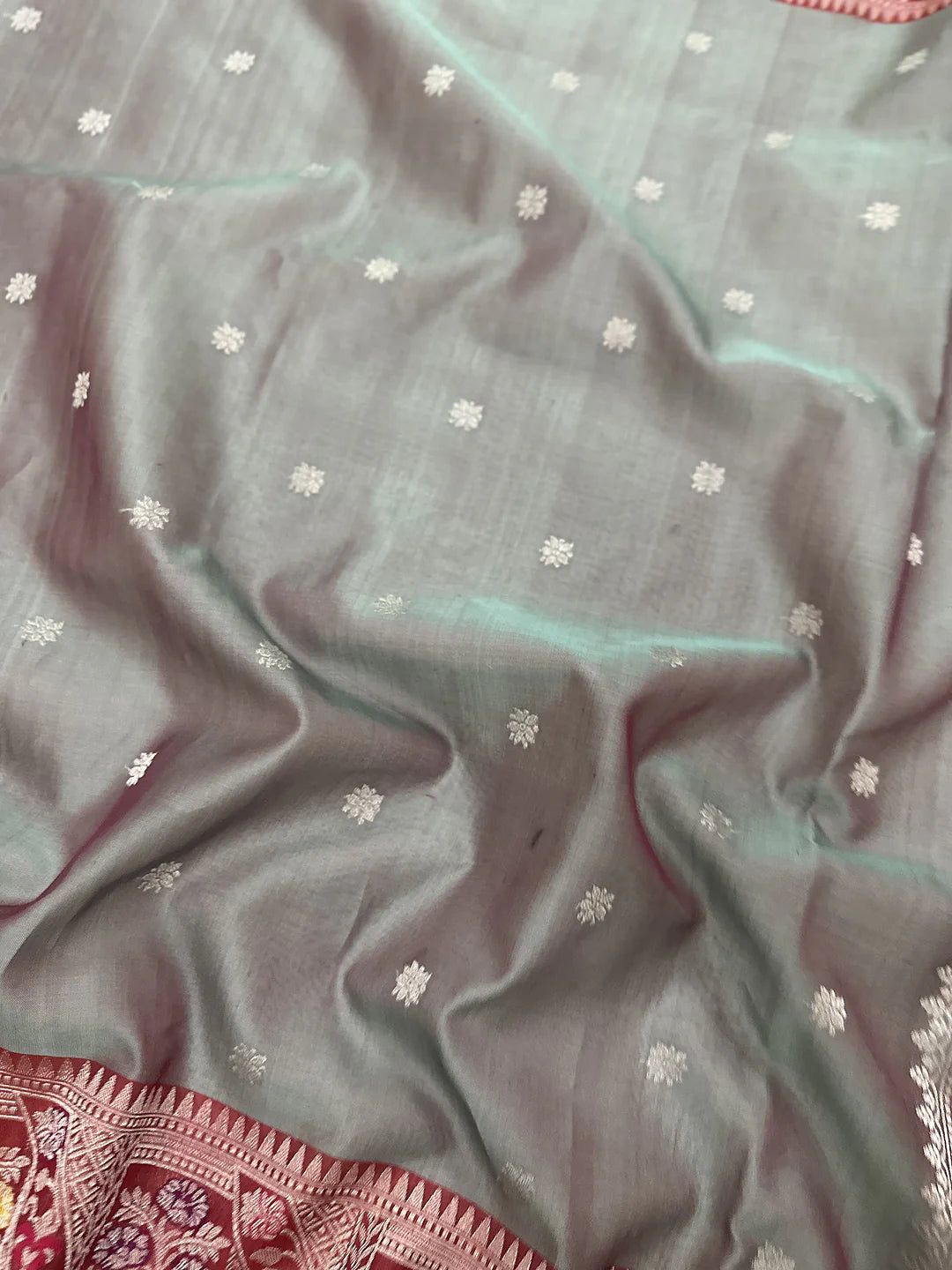 Steel Grey Pure Kora Silk Kadhwa Buta Handloom Banarasi Saree with Zari Border