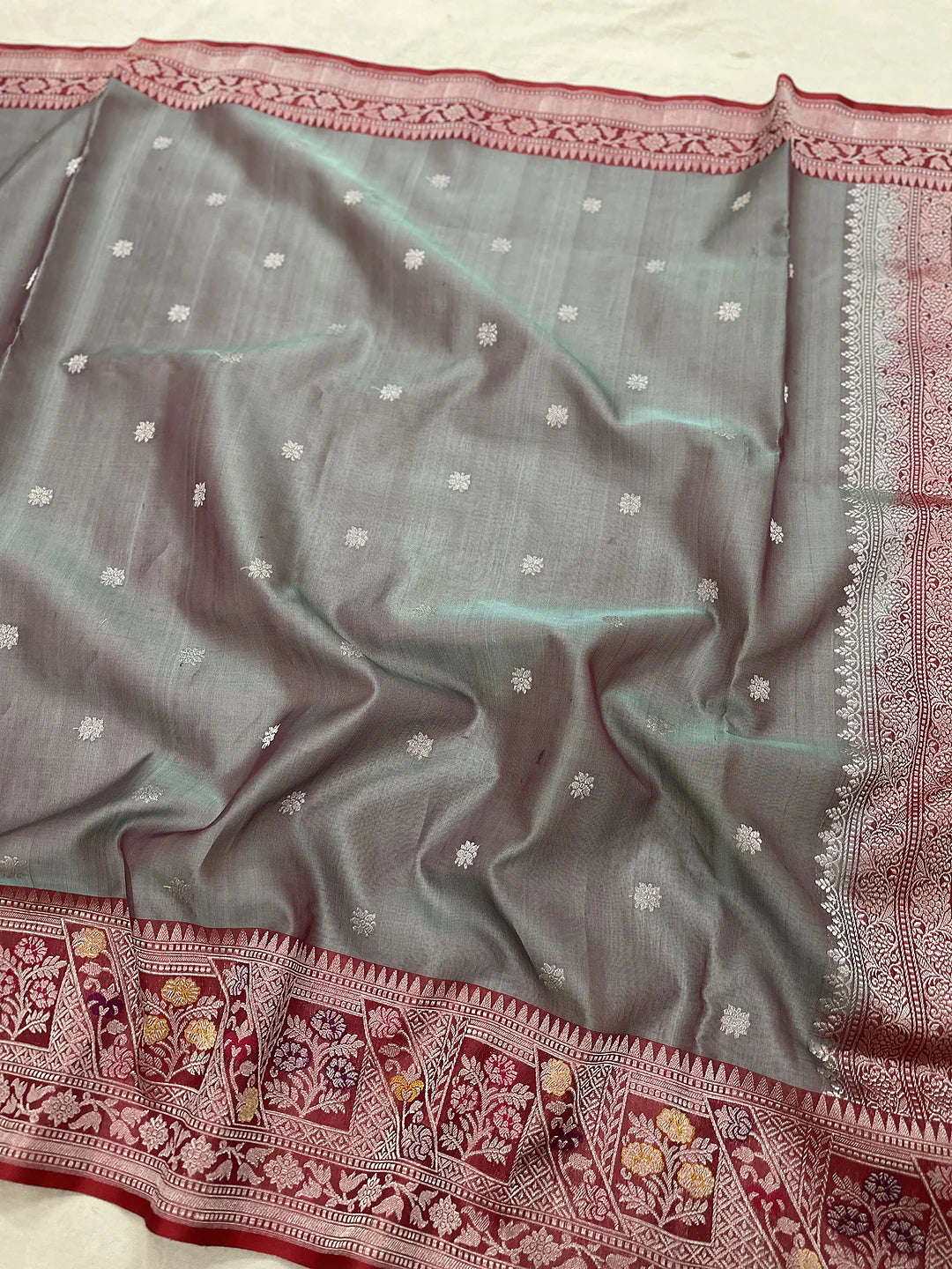 Steel Grey Pure Kora Silk Kadhwa Buta Handloom Banarasi Saree with Zari Border