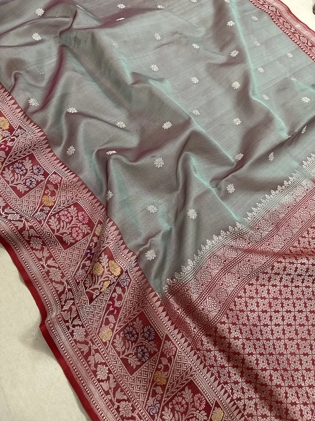 Steel Grey Pure Kora Silk Kadhwa Buta Handloom Banarasi Saree with Zari Border