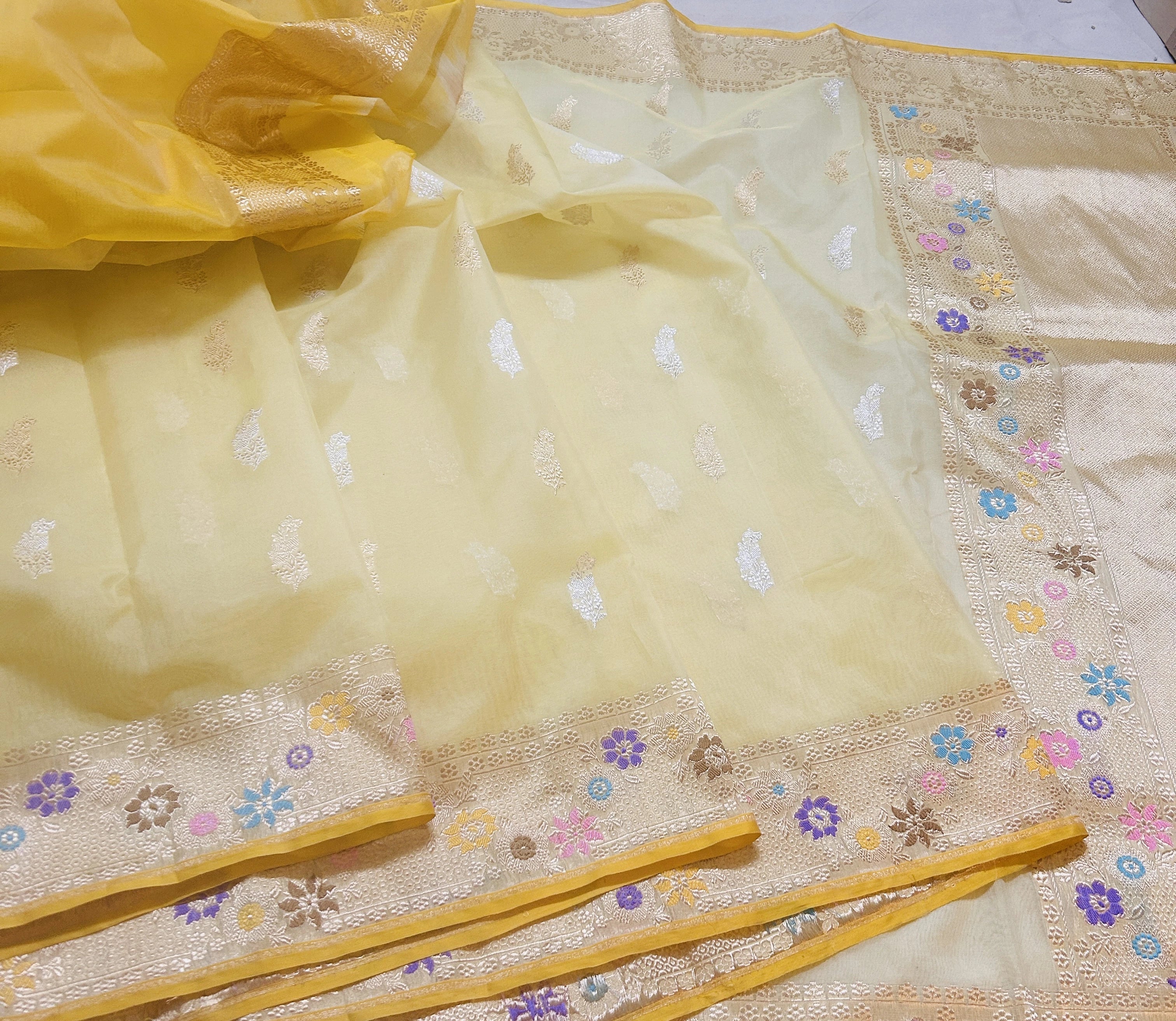 Turquoise Lemon Floral Buta Pure Kora Silk Banarasi Saree