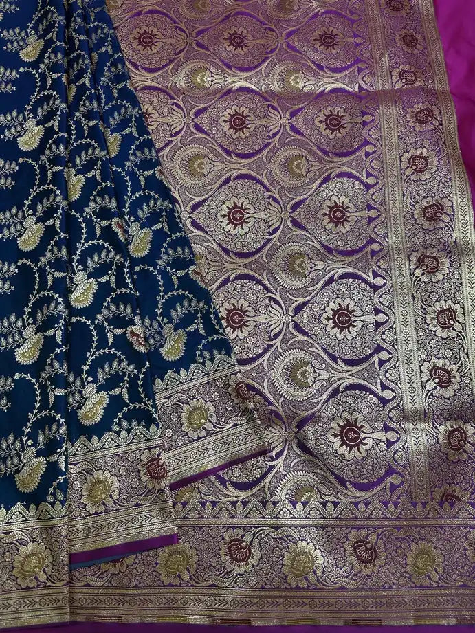 Premium Satin Silk Banarasi Saree - Royal Crimson Teal Blue
