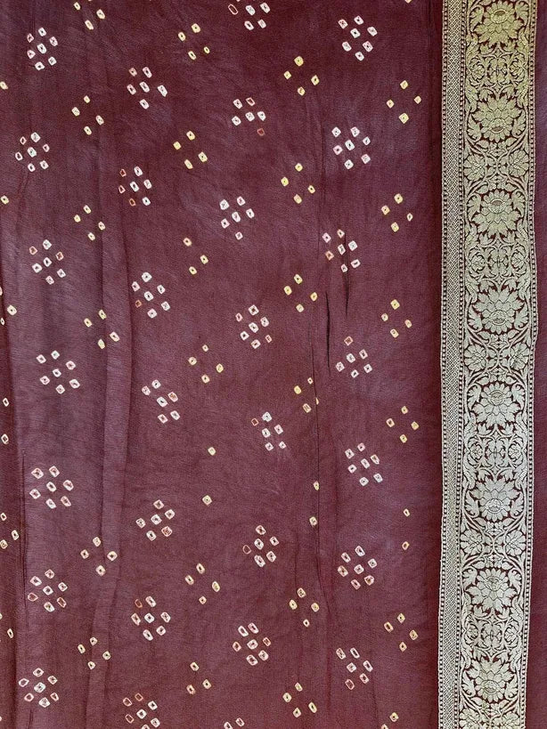 Coffee Brown Pure Khaddi Georgette Bandhani Saree with Tilfi Minakari work