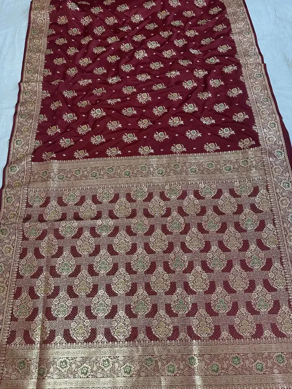 Maroon Satin Silk Banarasi Saree with Designer Border and Aanchal