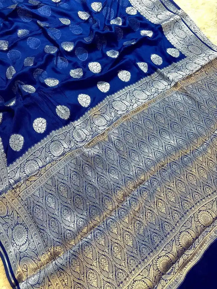 Royal Blue Pure Chiffon Silk Banarasi Saree with Golden Zari Buti and Floral Border