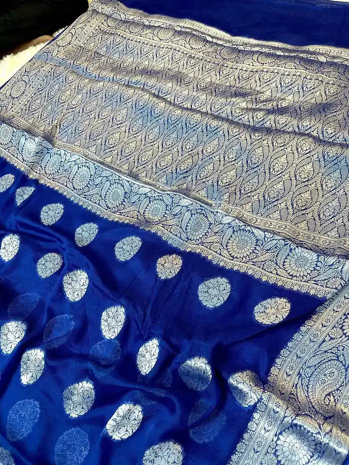 Royal Blue Pure Chiffon Silk Banarasi Saree with Golden Zari Buti and Floral Border