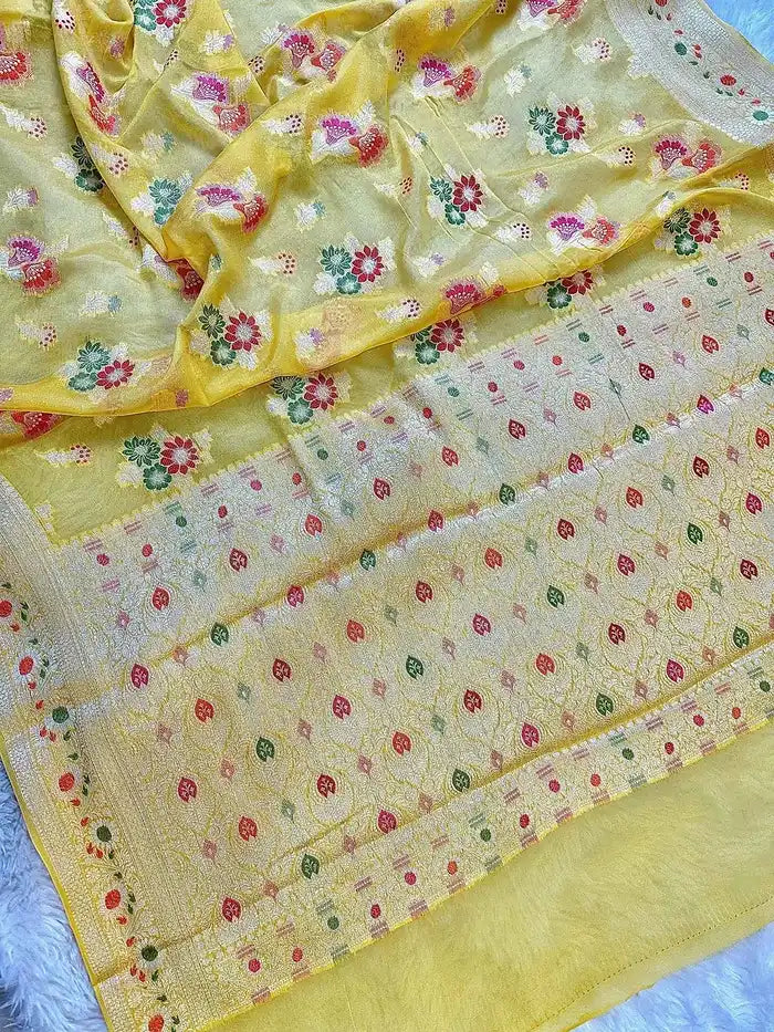 Yellow Pure Chiffon Silk Banarasi Saree with Minakari Design and Zari Border