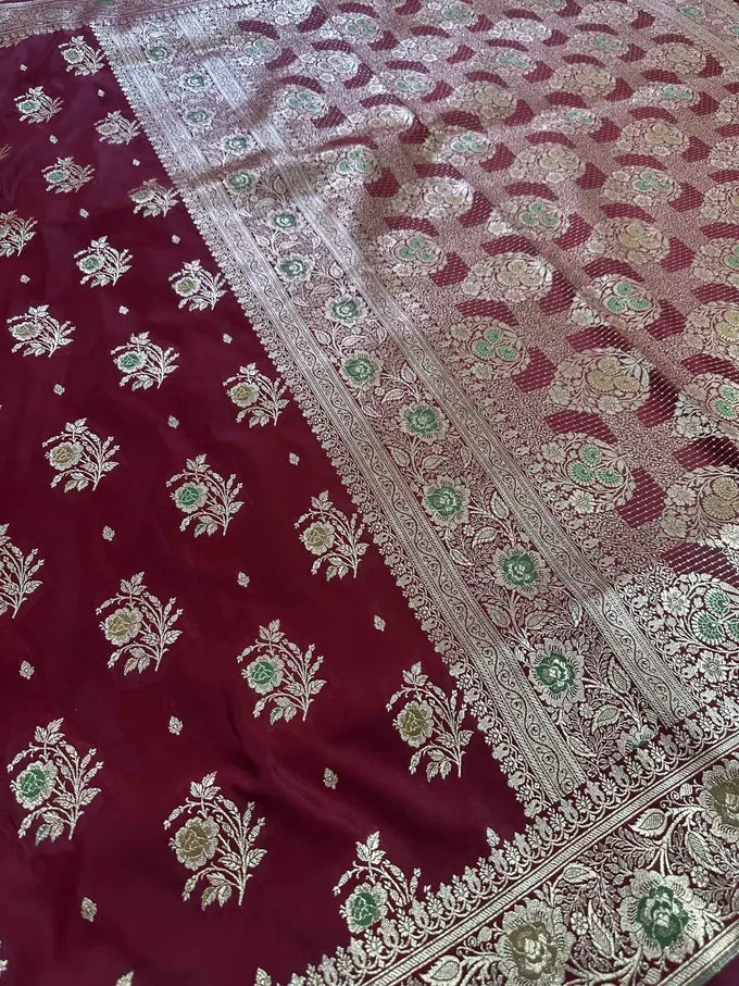Maroon Satin Silk Banarasi Saree with Designer Border and Aanchal