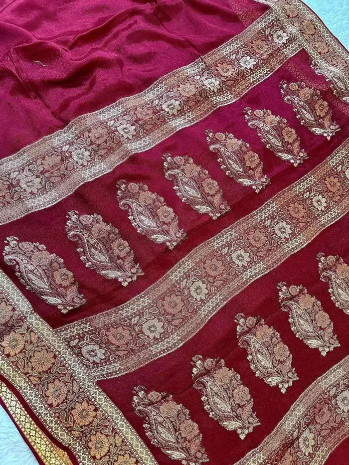 Maroon Pure Chiffon Silk Banarasi Saree with Golden Zari Floral Border