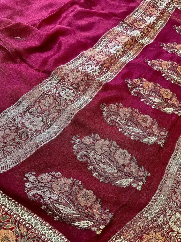Maroon Pure Chiffon Silk Banarasi Saree with Golden Zari Floral Border