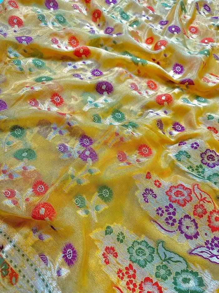 Yellow Pure Chiffon Silk Banarasi Saree with Multicolour Minakari Floral Border