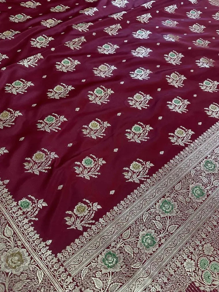 Maroon Satin Silk Banarasi Saree with Designer Border and Aanchal