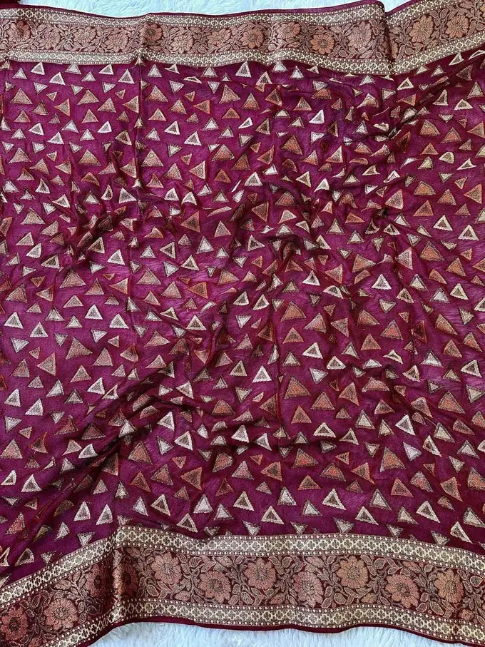Maroon Pure Chiffon Silk Banarasi Saree with Golden Zari Floral Border