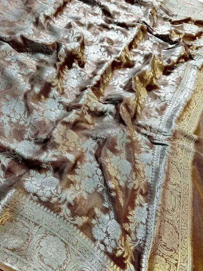 Brown Pure Chiffon Silk Banarasi Saree with Golden Zari Floral Jaal Design