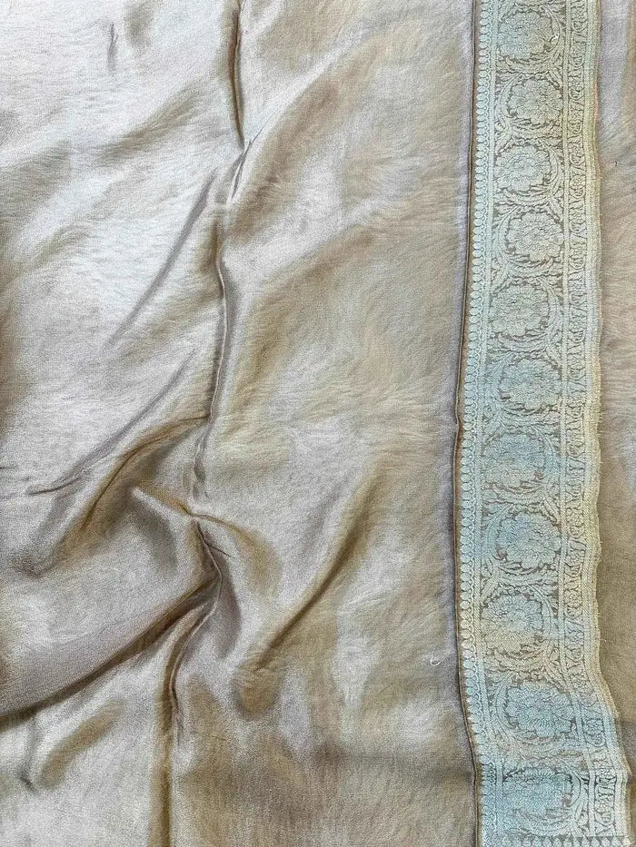 Brown Pure Chiffon Silk Banarasi Saree with Golden Zari Floral Jaal Design