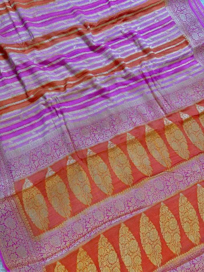 Pink and Orange Pure Chiffon Silk Banarasi Rangkaat Saree with Golden Zari Floral Border