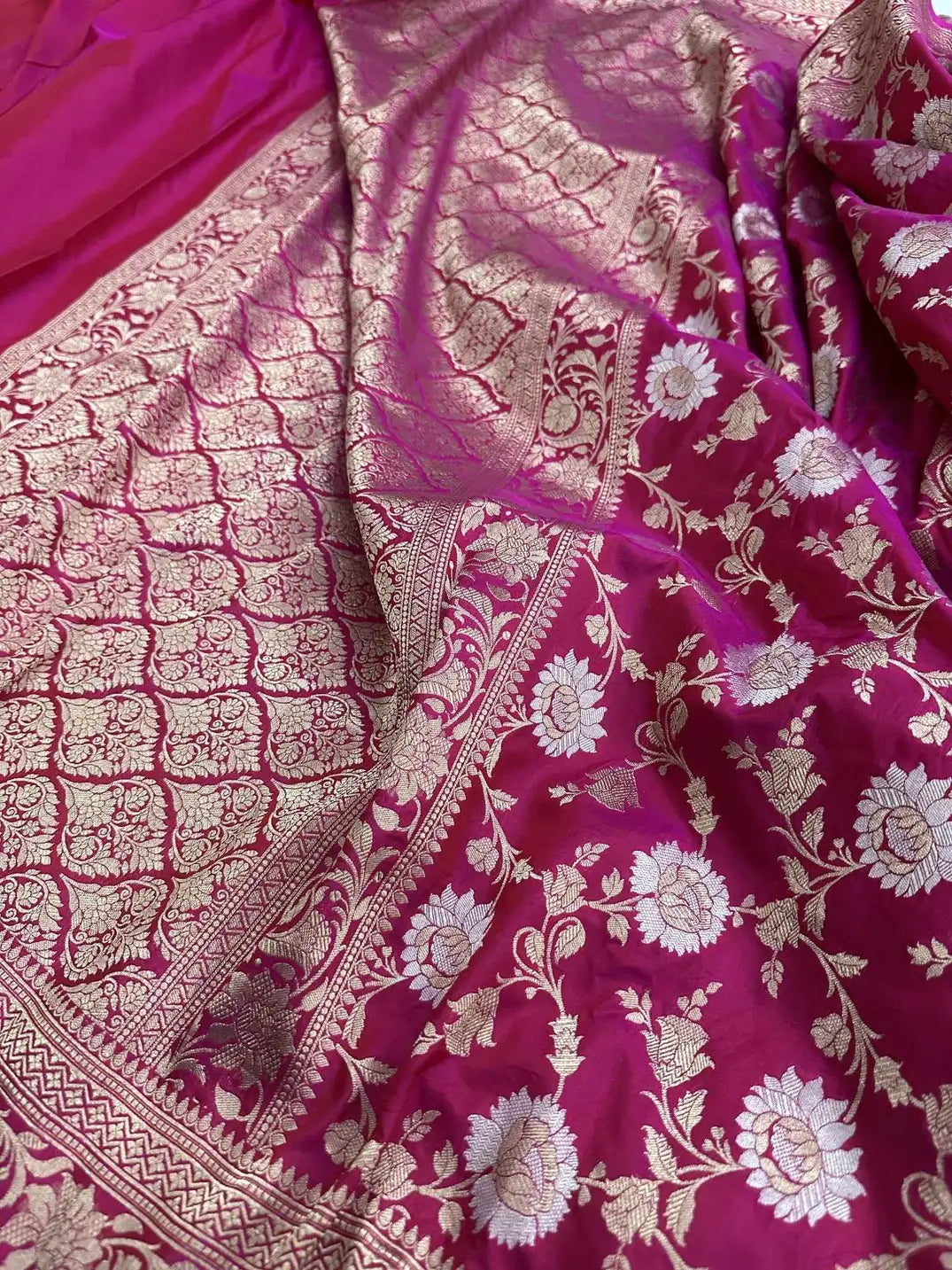 Luxury Handloom Katan Silk Banarasi Saree - Royal Rani Pink Bloom