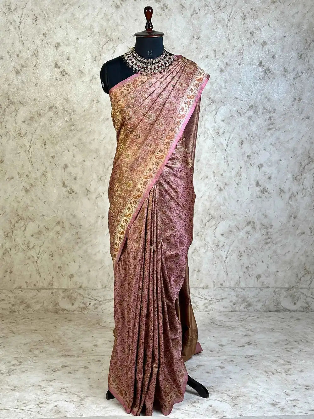 Rose Pink Pure Banarasi Handloom Jamawar Tanchui Kadhwa Interlocked Weaved Saree