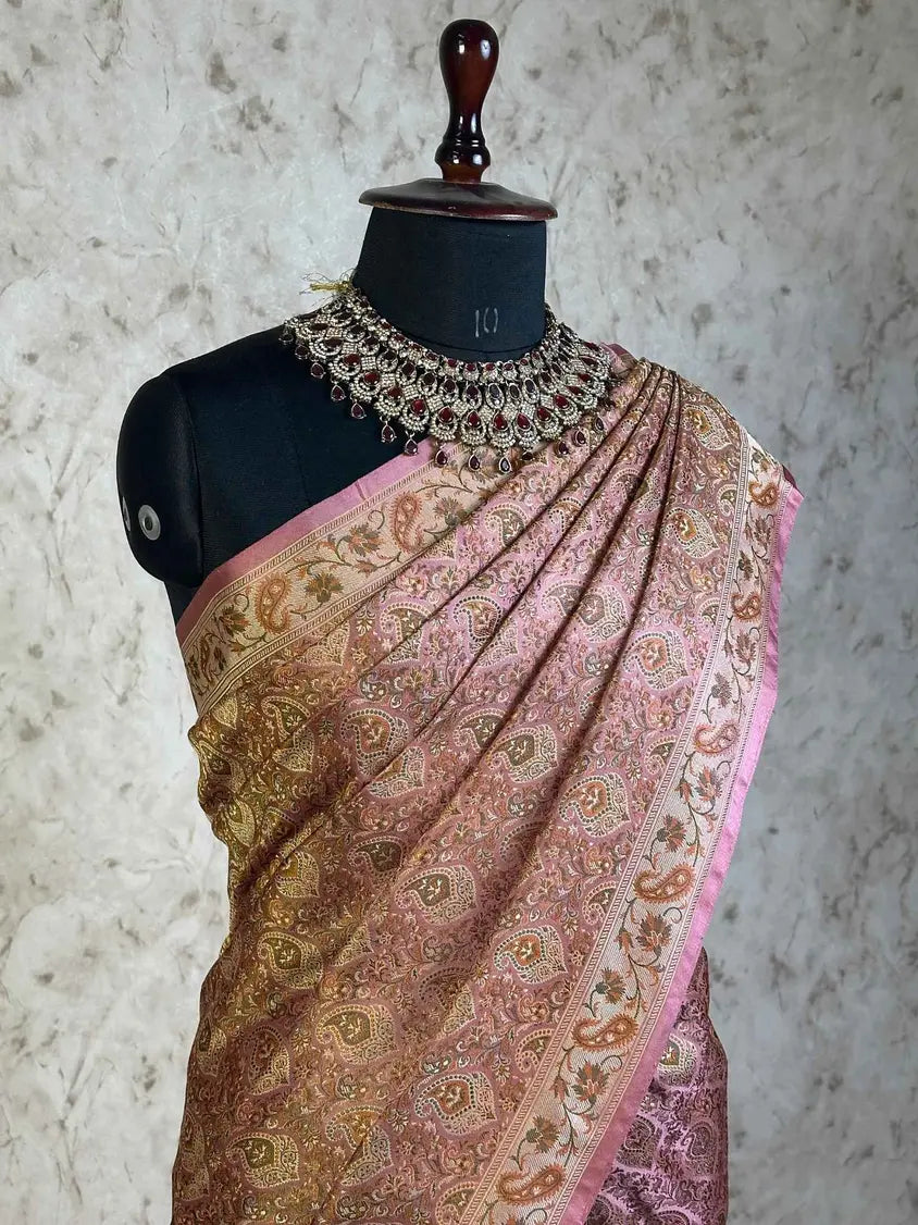 Rose Pink Pure Banarasi Handloom Jamawar Tanchui Kadhwa Interlocked Weaved Saree