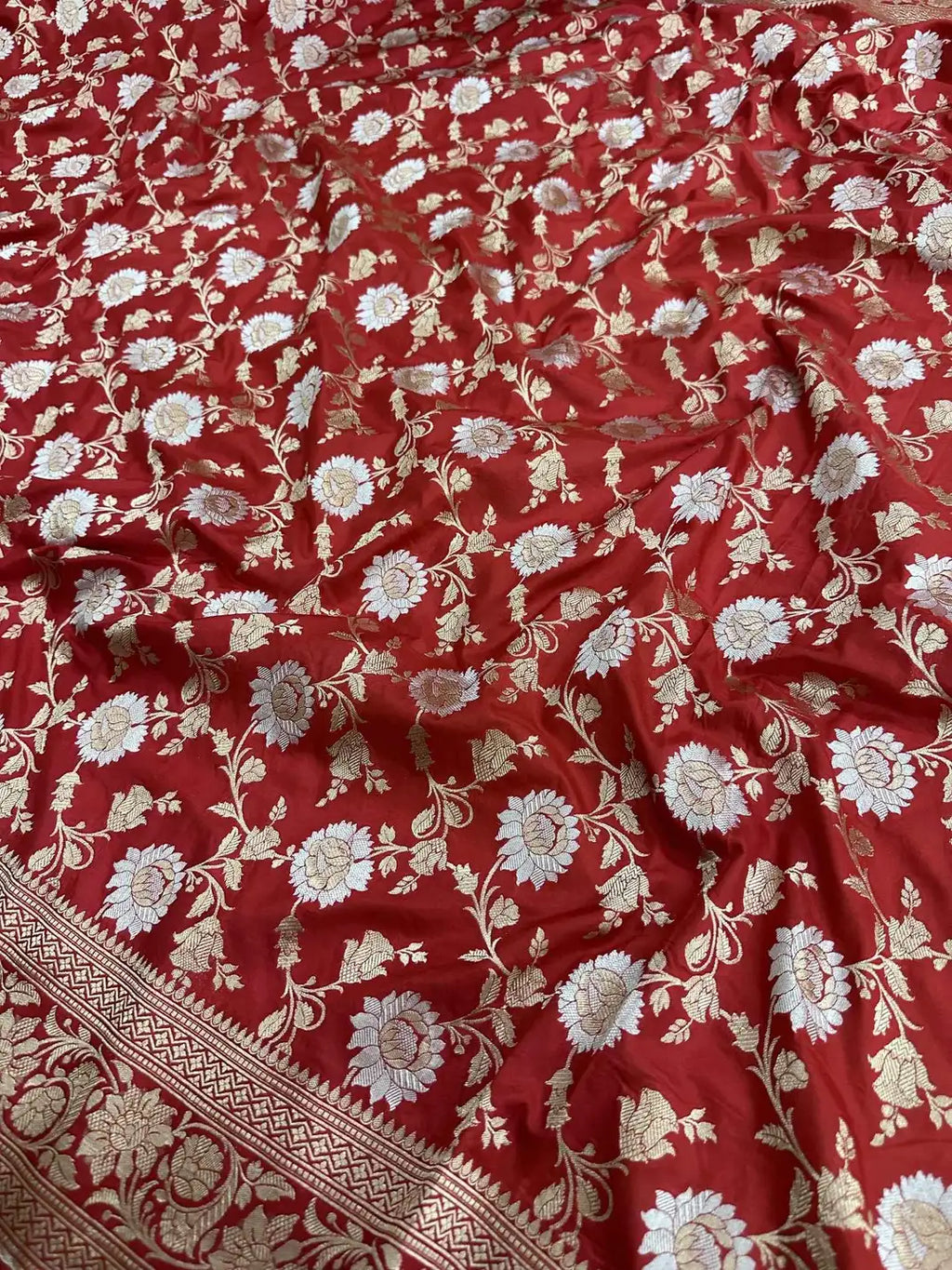Royal Bridal Red Handloom Katan Silk Banarasi Saree with Real Gold and Silver Zari