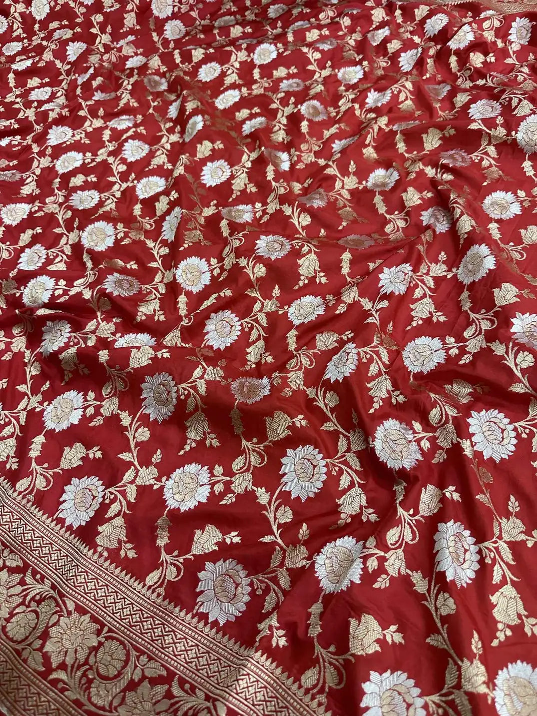 Royal Bridal Red Handloom Katan Silk Banarasi Saree with Real Gold and Silver Zari