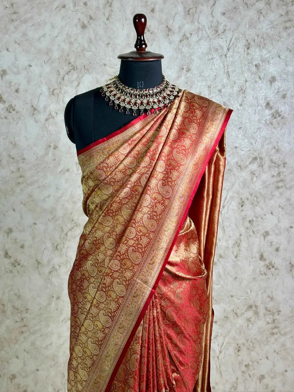 Red Gold Pure Banarasi Handloom Jamawar Tanchui Kadhwa Interlocked Weaved Saree