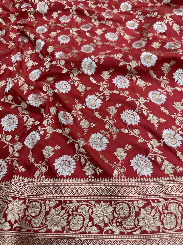 Royal Bridal Red Handloom Katan Silk Banarasi Saree with Real Gold and Silver Zari