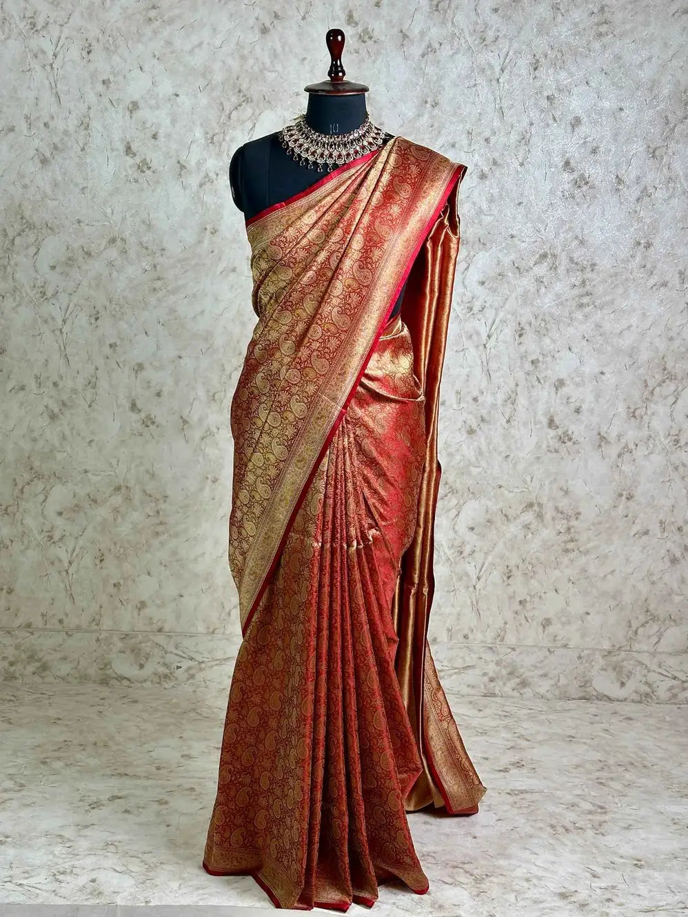 Red Gold Pure Banarasi Handloom Jamawar Tanchui Kadhwa Interlocked Weaved Saree