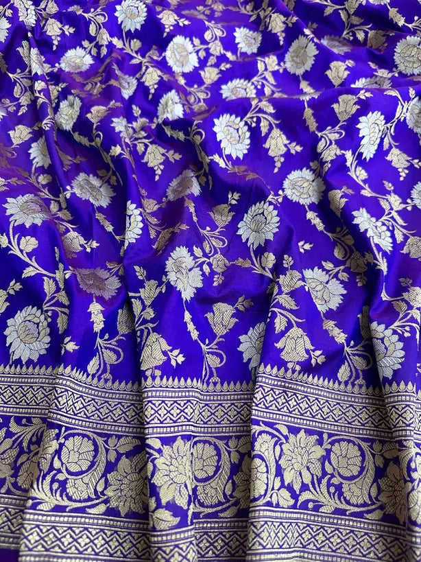 Royal Navy Blue Katan Silk Banarasi Saree with Jangla Weave and Gold-Silver Zari - 6.5m