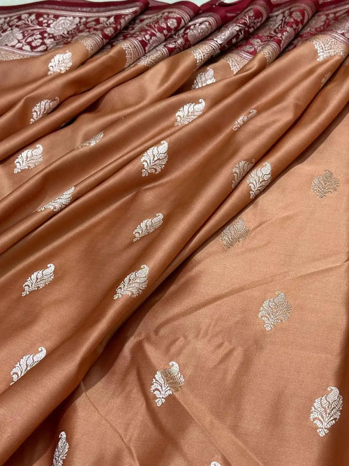 Brown & Maroon Contrast Mashru Silk Banarasi Zari Border Brocade Aanchal Saree