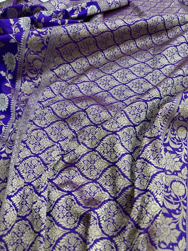 Royal Navy Blue Katan Silk Banarasi Saree with Jangla Weave and Gold-Silver Zari - 6.5m