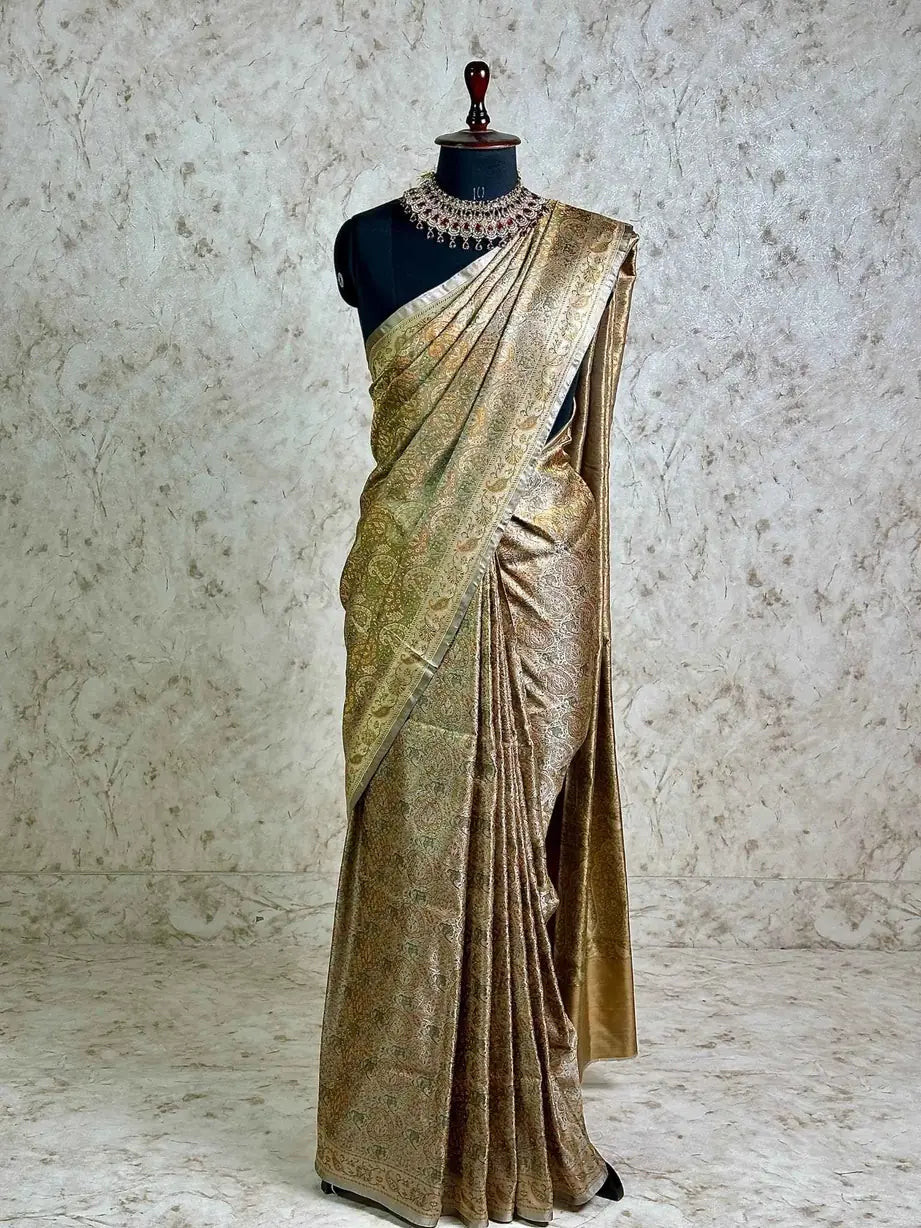 Olive Gold Pure Banarasi Handloom Jamawar Tanchui Kadhwa Interlocked Weaved Saree
