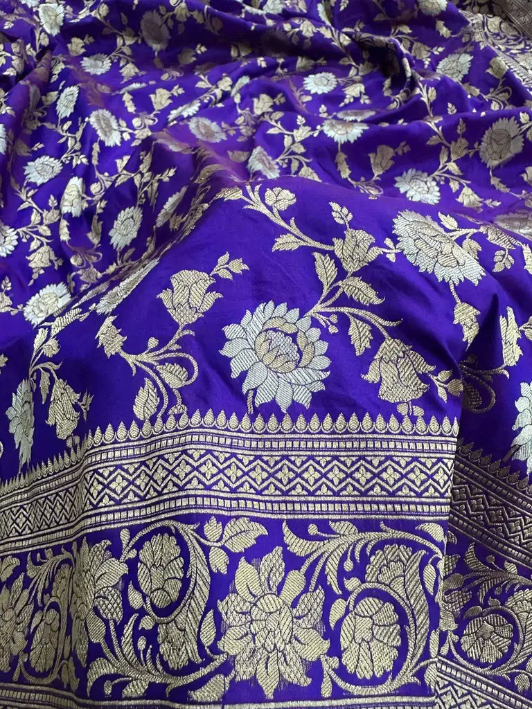 Royal Navy Blue Katan Silk Banarasi Saree with Jangla Weave and Gold-Silver Zari - 6.5m