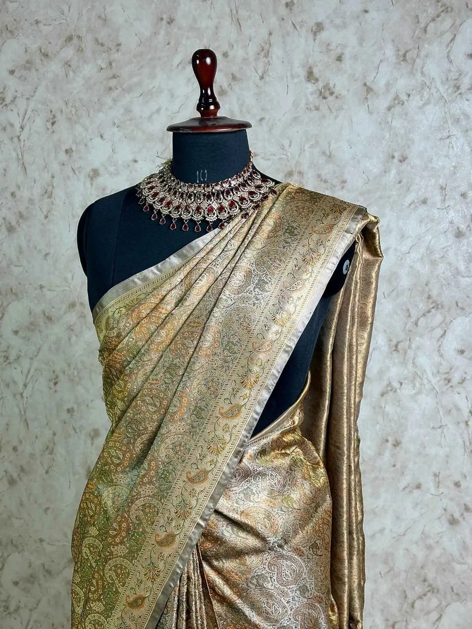 Olive Gold Pure Banarasi Handloom Jamawar Tanchui Kadhwa Interlocked Weaved Saree