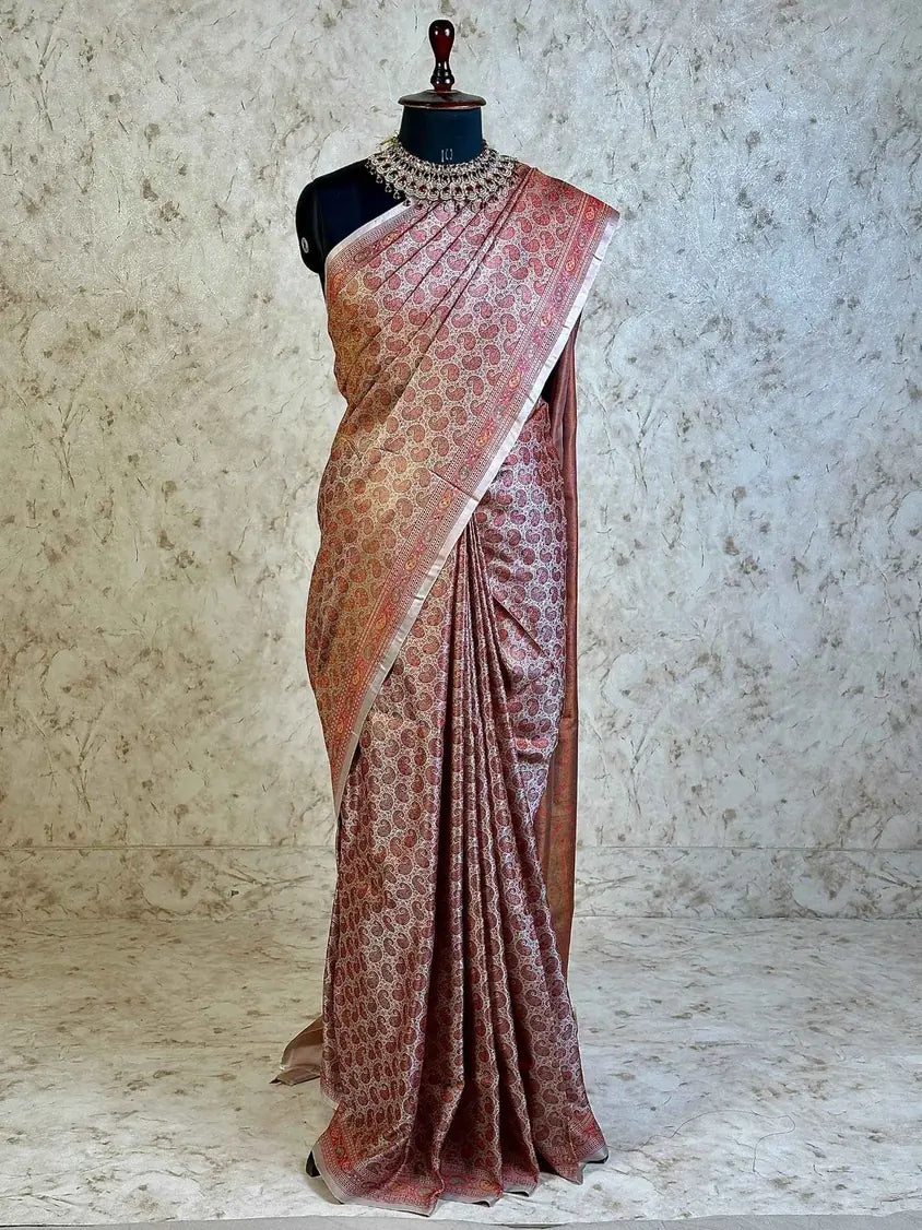 Rust Rose Pure Banarasi Handloom Jamawar Tanchui Kadhwa Interlocked Weaved Saree