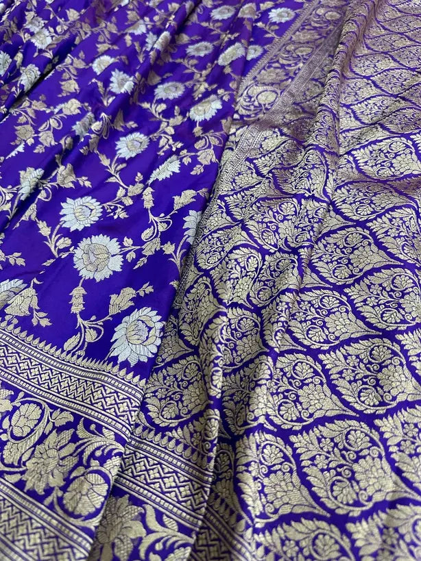 Royal Navy Blue Katan Silk Banarasi Saree with Jangla Weave and Gold-Silver Zari - 6.5m