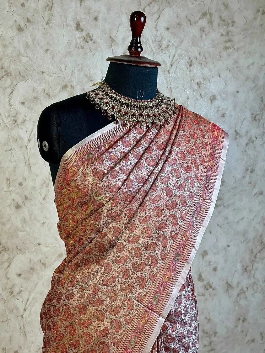 Rust Rose Pure Banarasi Handloom Jamawar Tanchui Kadhwa Interlocked Weaved Saree