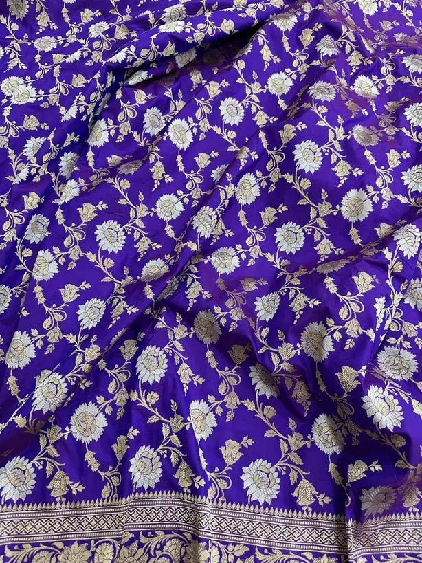 Royal Navy Blue Katan Silk Banarasi Saree with Jangla Weave and Gold-Silver Zari - 6.5m