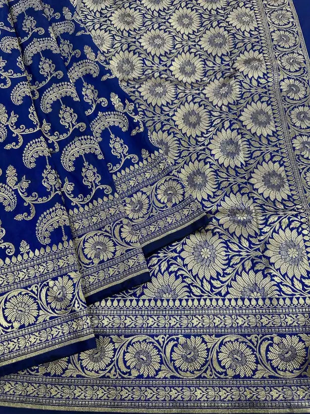Handwoven Pure Katan Silk Jaalwork Banarasi Saree Royal Blue Sona Rupa Zari - Katan Banaras