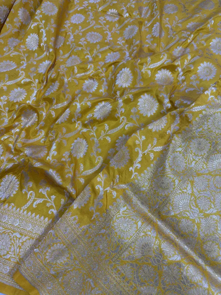 Handwoven Pure Katan Silk Banarasi Saree Gold Silver Jaal Design Sona Rupa Zari - Katan Banaras